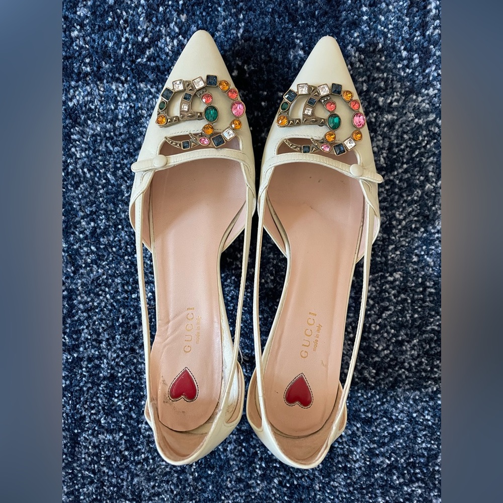 Gucci White GG Crystal Bamboo Unia Heels 8.5